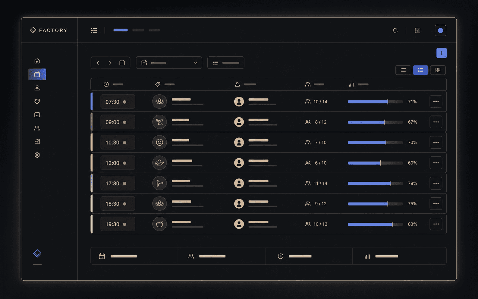 Panel de clases y cupos Interfaz de Studio para gestionar clases, cupos disponibles, profesores responsables y asistencia de alumnos